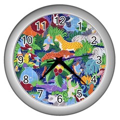 Animated Safari Animals Background Wall Clock (Silver)