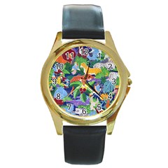 Animated Safari Animals Background Round Gold Metal Watch