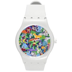 Animated Safari Animals Background Round Plastic Sport Watch (M)