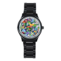 Animated Safari Animals Background Stainless Steel Round Watch by Vaneshart