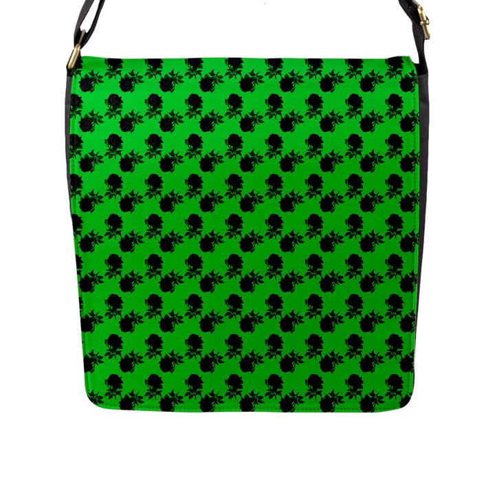 Black Rose Green Flap Closure Messenger Bag (L)