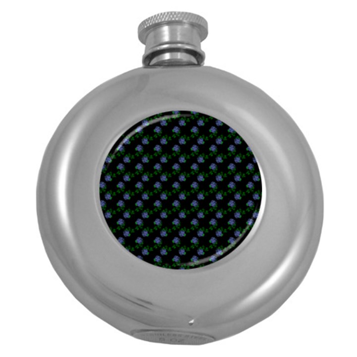 Vintage Blue Roses Black Round Hip Flask (5 oz)