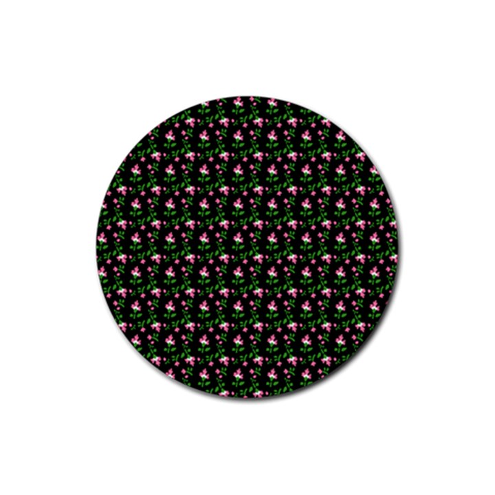 Carnation Pink Black Rubber Coaster (Round) 