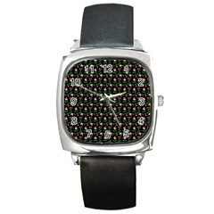 Carnation Pink Black Square Metal Watch