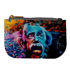 Albert Einstein Retro Wall Graffiti Blue Pink Orange Modern Urban Art Grunge Large Coin Purse by snek