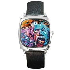 Albert Einstein Retro Wall Graffiti Blue Pink Orange Modern Urban Art Grunge Square Metal Watch by snek