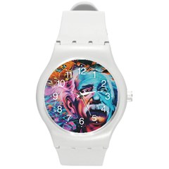 Albert Einstein Retro Wall Graffiti Blue Pink Orange Modern Urban Art Grunge Round Plastic Sport Watch (m) by snek