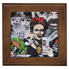 Frida Kahlo Brick Wall Graffiti Urban Art With Grunge Eye And Frog  Framed Tile by snek