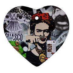 Frida Kahlo Brick Wall Graffiti Urban Art With Grunge Eye And Frog  Ornament (heart) by snek