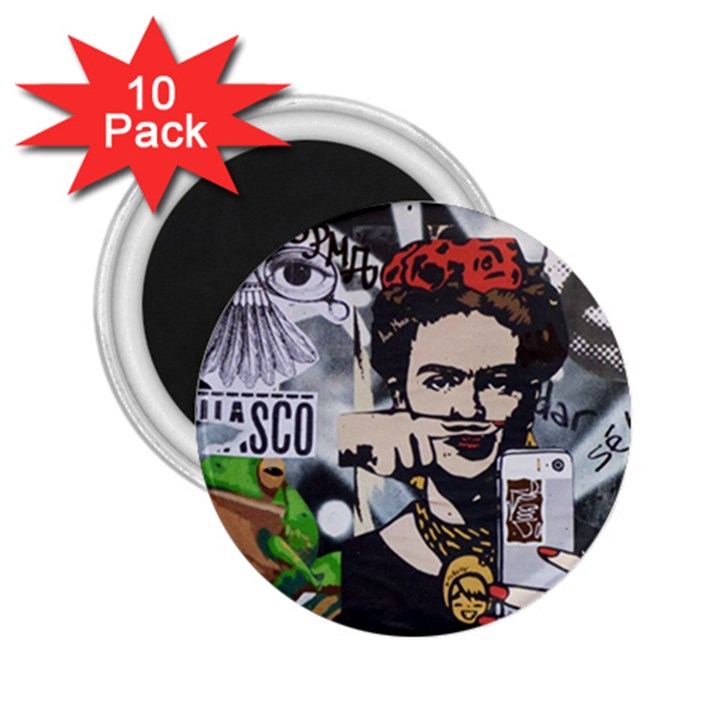 Frida Kahlo brick wall graffiti urban art with grunge eye and frog  2.25  Magnets (10 pack) 