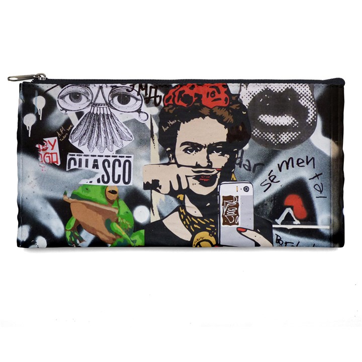 Frida Kahlo brick wall graffiti urban art with grunge eye and frog  Pencil Cases