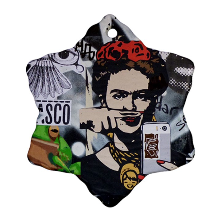 Frida Kahlo brick wall graffiti urban art with grunge eye and frog  Snowflake Ornament (Two Sides)