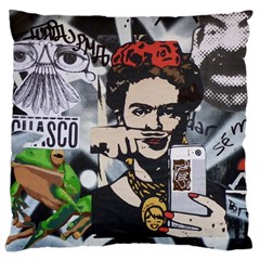 Frida Kahlo Brick Wall Graffiti Urban Art With Grunge Eye And Frog  Large Cushion Case (one Side) by snek