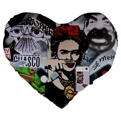 Frida Kahlo Brick Wall Graffiti Urban Art With Grunge Eye And Frog  Large 19  Premium Heart Shape Cushions by snek