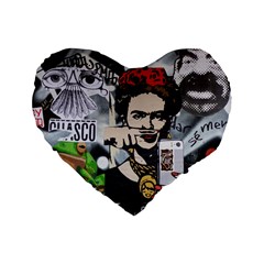 Frida Kahlo Brick Wall Graffiti Urban Art With Grunge Eye And Frog  Standard 16  Premium Flano Heart Shape Cushions by snek