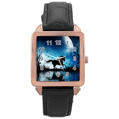 Wonderful Unicorn Silhouette In The Night Rose Gold Leather Watch  by FantasyWorld7