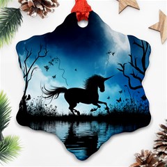 Wonderful Unicorn Silhouette In The Night Snowflake Ornament (two Sides) by FantasyWorld7