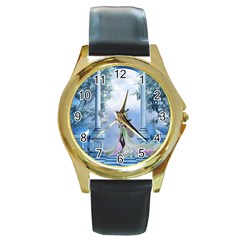 Cute Fairy With Dove Round Gold Metal Watch by FantasyWorld7