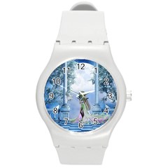 Cute Fairy With Dove Round Plastic Sport Watch (m) by FantasyWorld7