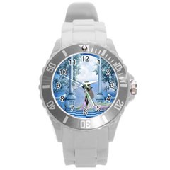 Cute Fairy With Dove Round Plastic Sport Watch (l) by FantasyWorld7