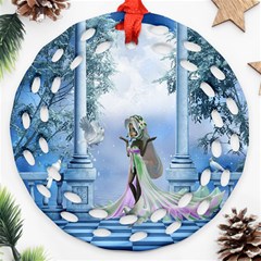 Cute Fairy With Dove Round Filigree Ornament (two Sides) by FantasyWorld7