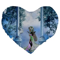 Cute Fairy With Dove Large 19  Premium Flano Heart Shape Cushions by FantasyWorld7