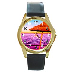 Pop Art Beach Umbrella  Round Gold Metal Watch by essentialimage