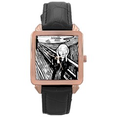 The Scream Edvard Munch 1893 Original Lithography Black And White Engraving Rose Gold Leather Watch  by snek