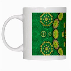 Fauna Bloom Mandalas On Bohemian Green Leaves White Mugs by pepitasart