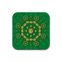 Fauna Bloom Mandalas On Bohemian Green Leaves Rubber Square Coaster (4 Pack)  by pepitasart