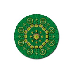 Fauna Bloom Mandalas On Bohemian Green Leaves Rubber Round Coaster (4 Pack)  by pepitasart