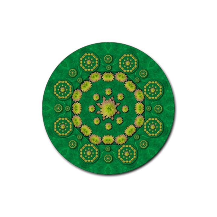 Fauna Bloom Mandalas On Bohemian Green Leaves Rubber Round Coaster (4 pack) 