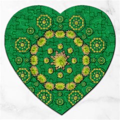 Fauna Bloom Mandalas On Bohemian Green Leaves Jigsaw Puzzle (heart) by pepitasart