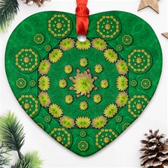 Fauna Bloom Mandalas On Bohemian Green Leaves Heart Ornament (two Sides) by pepitasart