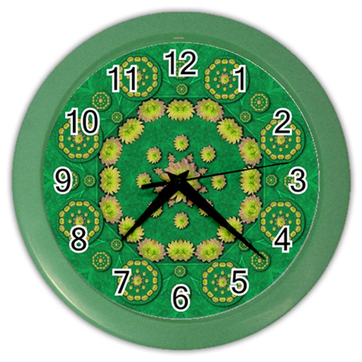 Fauna Bloom Mandalas On Bohemian Green Leaves Color Wall Clock