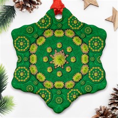 Fauna Bloom Mandalas On Bohemian Green Leaves Snowflake Ornament (two Sides) by pepitasart