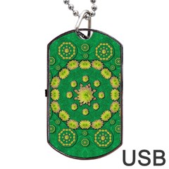 Fauna Bloom Mandalas On Bohemian Green Leaves Dog Tag Usb Flash (one Side) by pepitasart