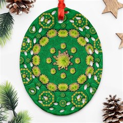 Fauna Bloom Mandalas On Bohemian Green Leaves Ornament (oval Filigree) by pepitasart