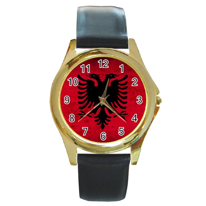 Grunge Flag Of Albania Round Gold Metal Watch