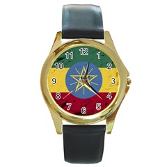 Grunge Flag Of Ethiopia Round Gold Metal Watch by trulycreative