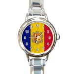 Grunge Flag Of Andorra Round Italian Charm Watch Front