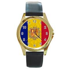 Grunge Flag Of Andorra Round Gold Metal Watch by trulycreative