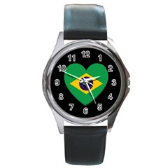 Heart Shaped Brazilian Flag Round Metal Watch by trulycreative