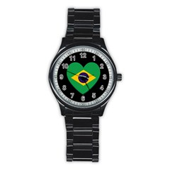 Heart Shaped Brazilian Flag Stainless Steel Round Watch by trulycreative