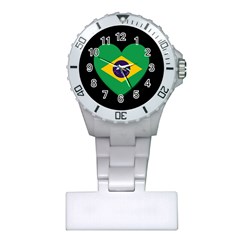 Heart Shaped Brazilian Flag Plastic Nurses Watch by trulycreative