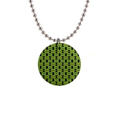 Green Black Abstract Pattern 1  Button Necklace by BrightVibesDesign