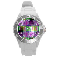 Bright  Circle Abstract Black Pink Green Yellow Round Plastic Sport Watch (l) by BrightVibesDesign