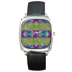 Bright  Circle Abstract Black Yellow Purple Green Blue Square Metal Watch by BrightVibesDesign