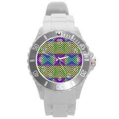 Bright  Circle Abstract Black Yellow Purple Green Blue Round Plastic Sport Watch (l) by BrightVibesDesign