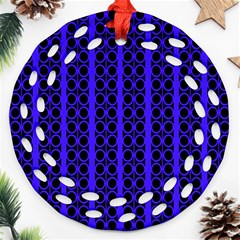 Circles Lines Black Blue Round Filigree Ornament (two Sides) by BrightVibesDesign